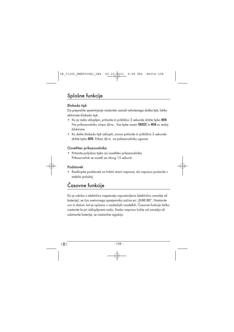 Splošne funkcije, Časovne funkcije | Silvercrest SWEP 500 A1 User Manual | Page 110 / 226