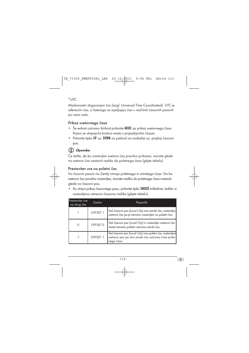 Prikaz svetovnega časa, Mode, Down | Prestavitev ure na poletni čas, Snooze | Silvercrest SWEP 500 A1 User Manual | Page 115 / 226