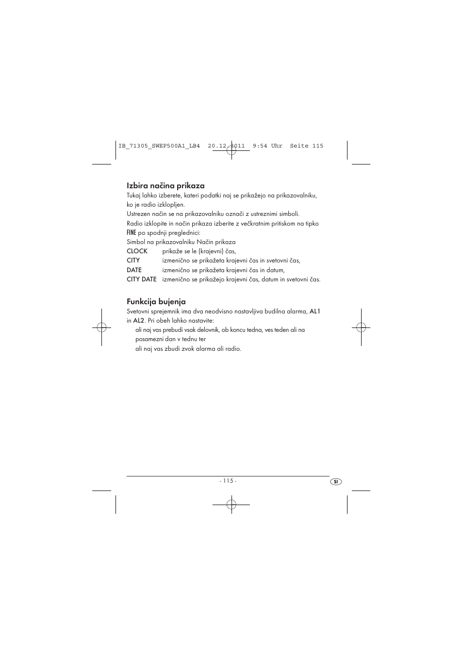 Izbira načina prikaza, Funkcija bujenja | Silvercrest SWEP 500 A1 User Manual | Page 117 / 226