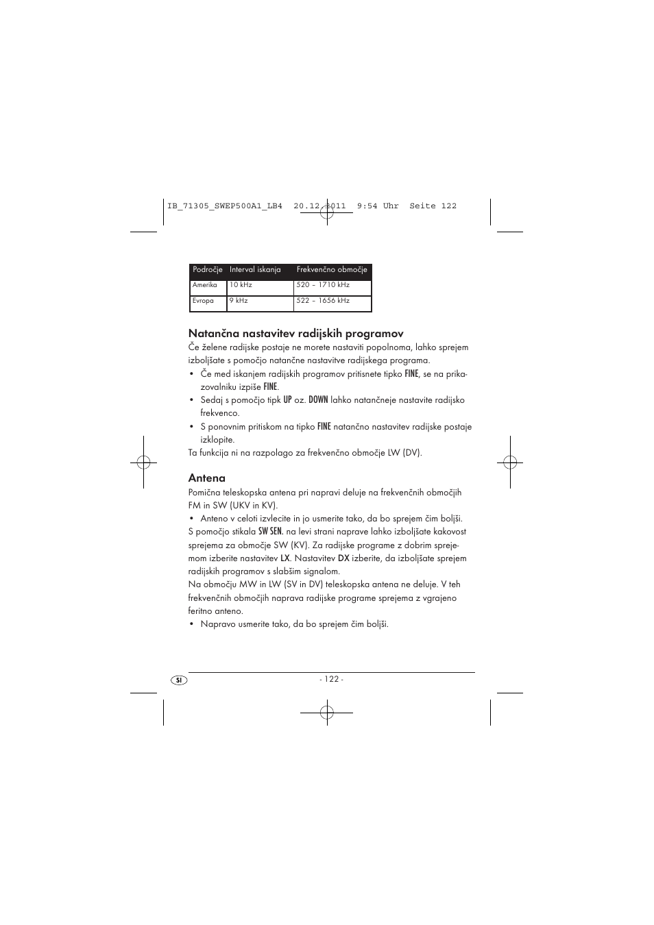 Natančna nastavitev radijskih programov, Antena, Fine | Down, Sw sen | Silvercrest SWEP 500 A1 User Manual | Page 124 / 226