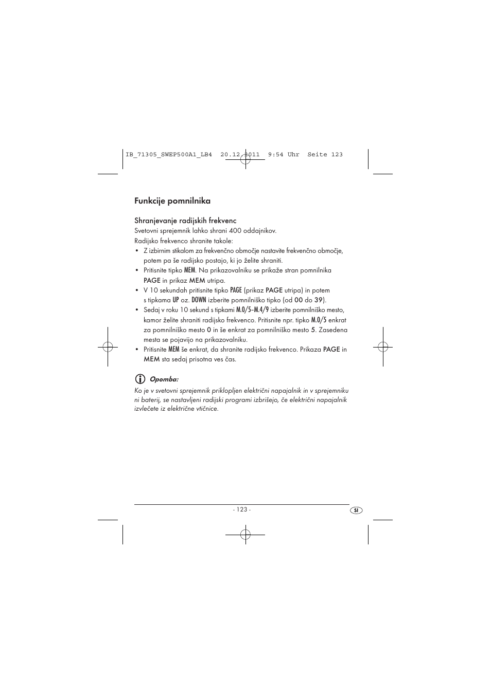 Funkcije pomnilnika | Silvercrest SWEP 500 A1 User Manual | Page 125 / 226