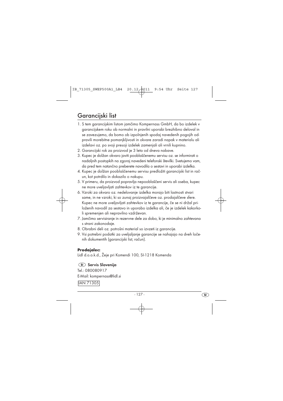 Garancijski list | Silvercrest SWEP 500 A1 User Manual | Page 129 / 226