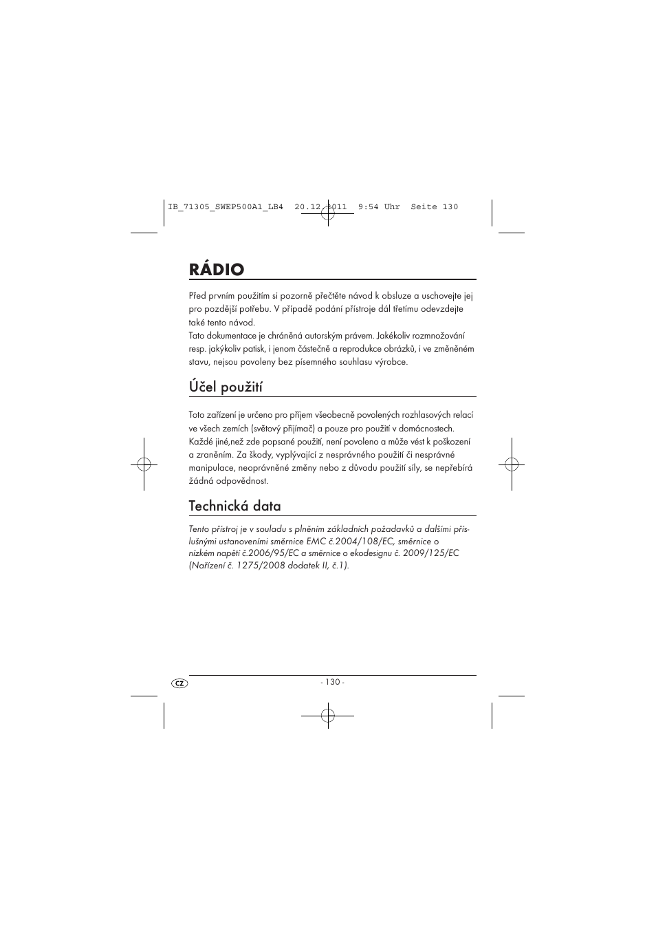 Rádio, Účel použití, Technická data | Silvercrest SWEP 500 A1 User Manual | Page 132 / 226