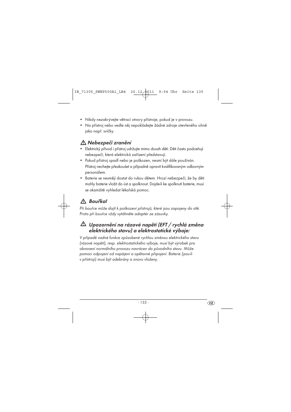 Nebezpečí zranění, Bouřka | Silvercrest SWEP 500 A1 User Manual | Page 137 / 226