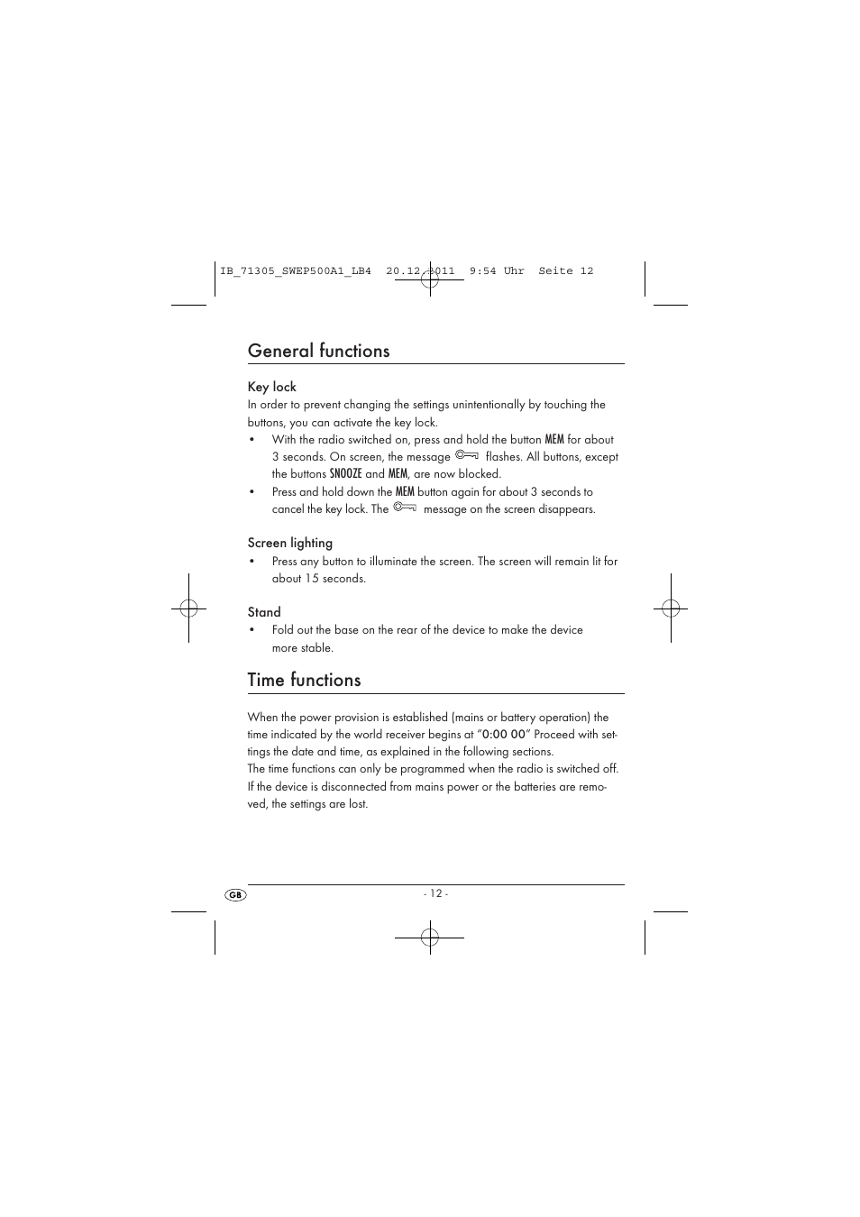 General functions, Time functions | Silvercrest SWEP 500 A1 User Manual | Page 14 / 226