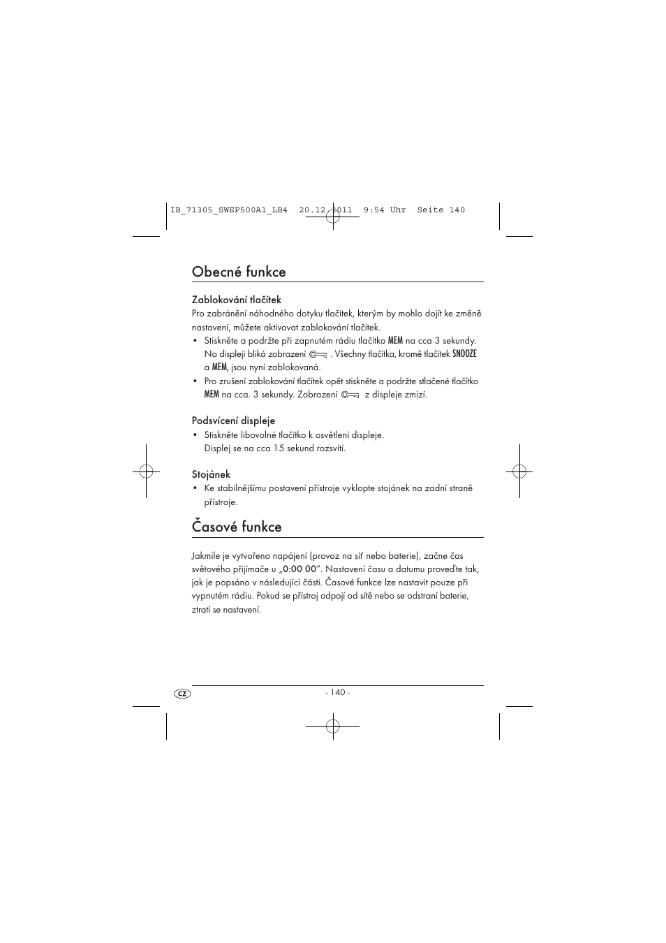 Obecné funkce, Časové funkce | Silvercrest SWEP 500 A1 User Manual | Page 142 / 226