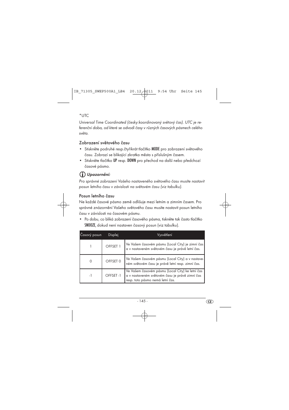 Zobrazení světového času, Mode, Down | Posun letního času, Snooze | Silvercrest SWEP 500 A1 User Manual | Page 147 / 226