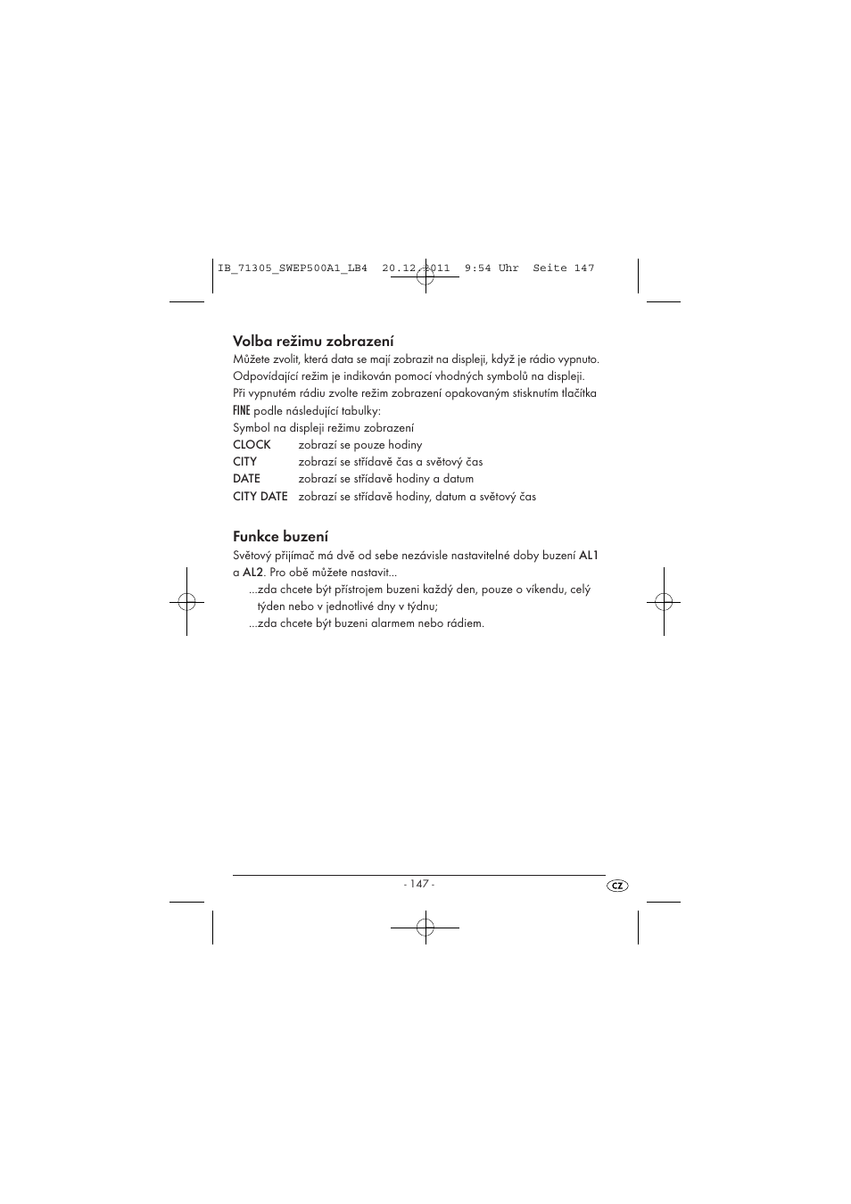 Volba režimu zobrazení, Funkce buzení | Silvercrest SWEP 500 A1 User Manual | Page 149 / 226
