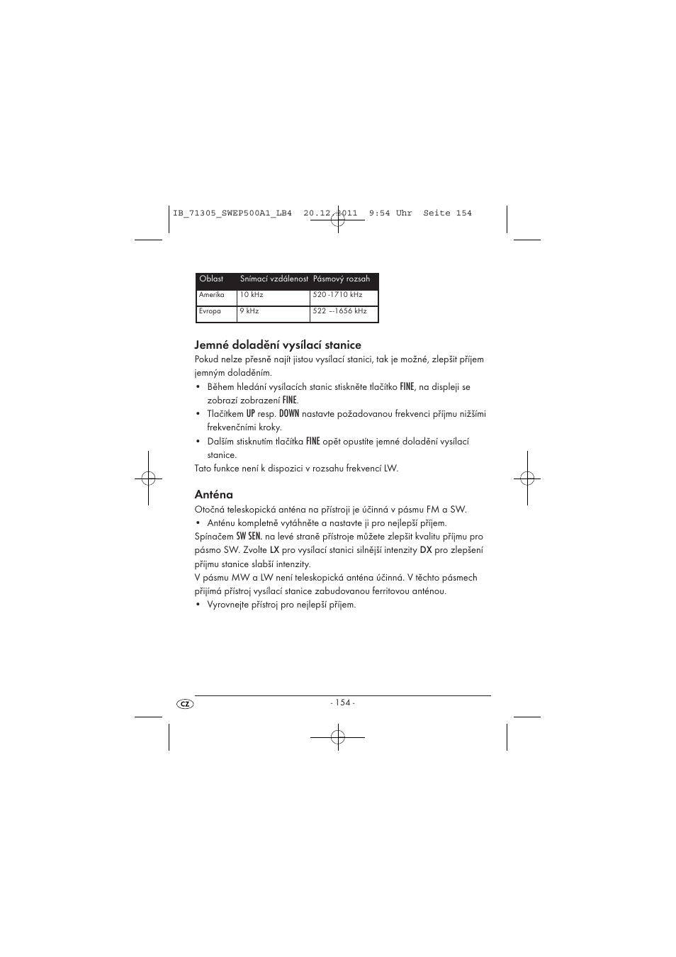 Jemné doladění vysílací stanice, Anténa, Fine | Down, Sw sen | Silvercrest SWEP 500 A1 User Manual | Page 156 / 226