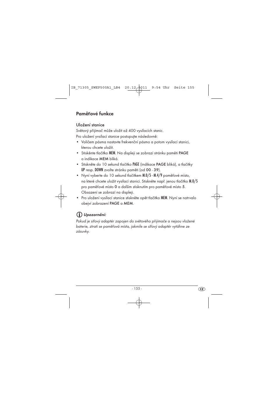Paměťové funkce | Silvercrest SWEP 500 A1 User Manual | Page 157 / 226