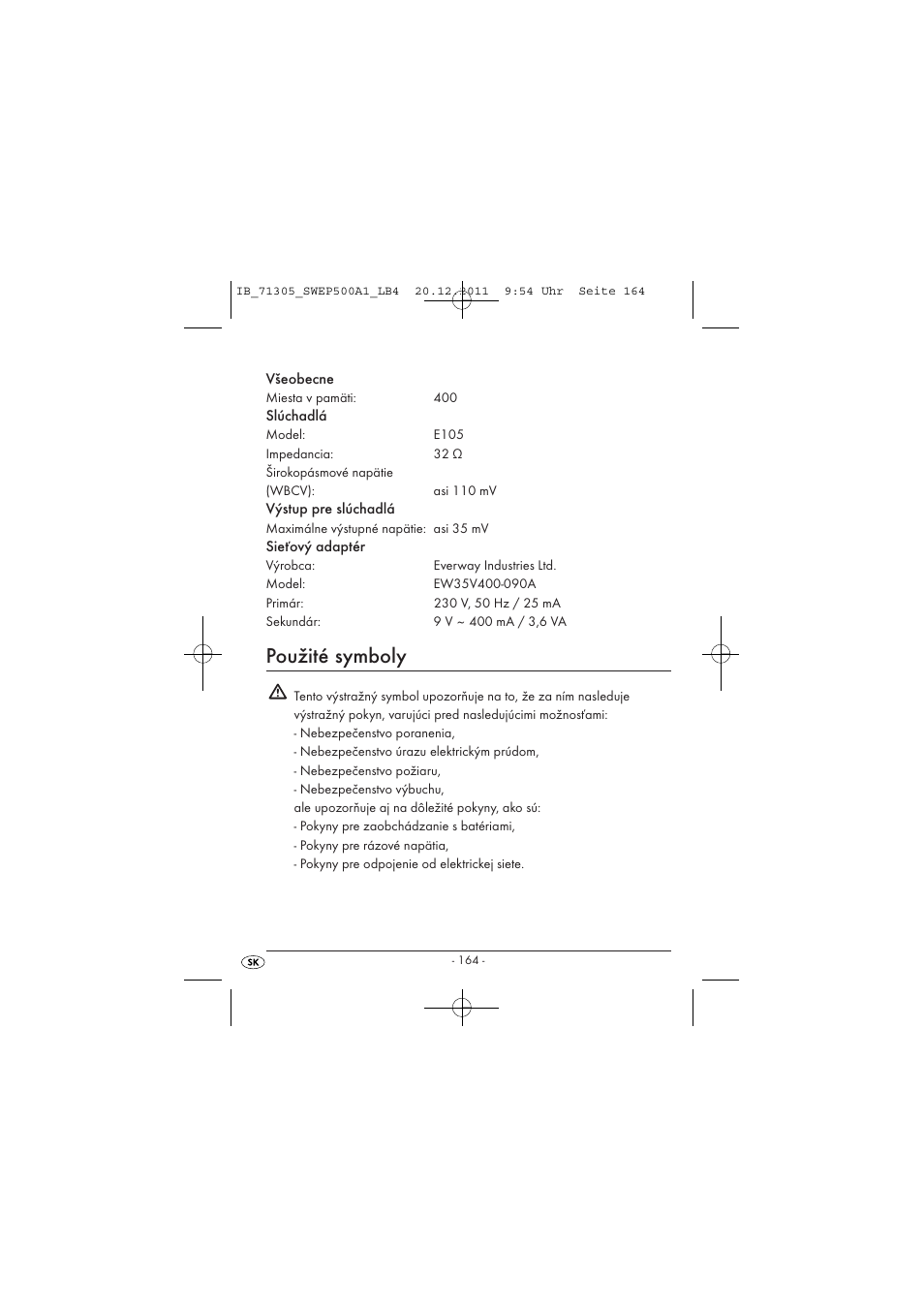 Použité symboly | Silvercrest SWEP 500 A1 User Manual | Page 166 / 226