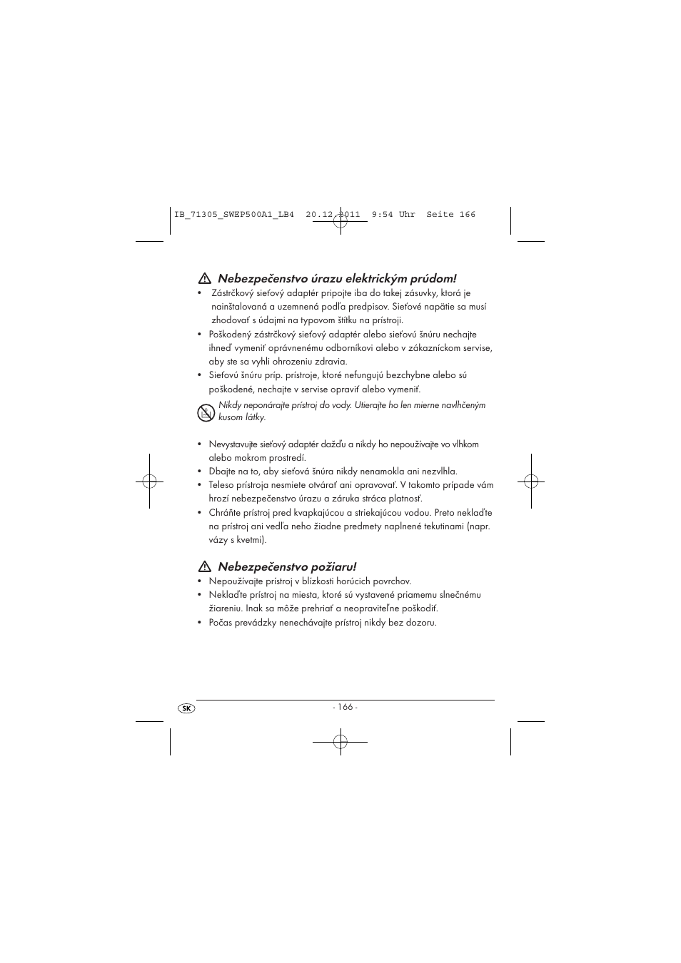 Nebezpečenstvo úrazu elektrickým prúdom, Nebezpečenstvo požiaru | Silvercrest SWEP 500 A1 User Manual | Page 168 / 226