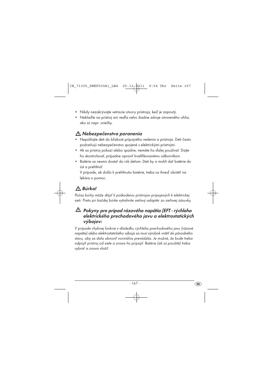 Nebezpečenstvo poranenia, Búrka | Silvercrest SWEP 500 A1 User Manual | Page 169 / 226