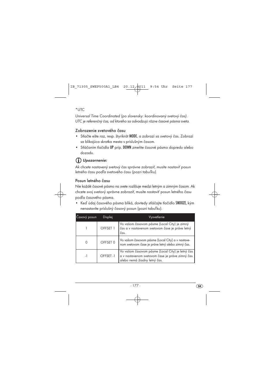 Zobrazenie svetového času, Mode, Down | Posun letného času, Snooze | Silvercrest SWEP 500 A1 User Manual | Page 179 / 226