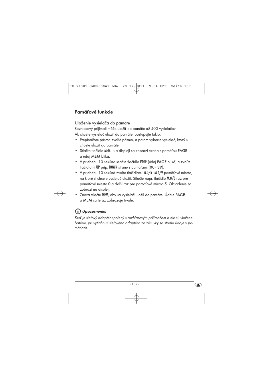 Pamäťové funkcie | Silvercrest SWEP 500 A1 User Manual | Page 189 / 226
