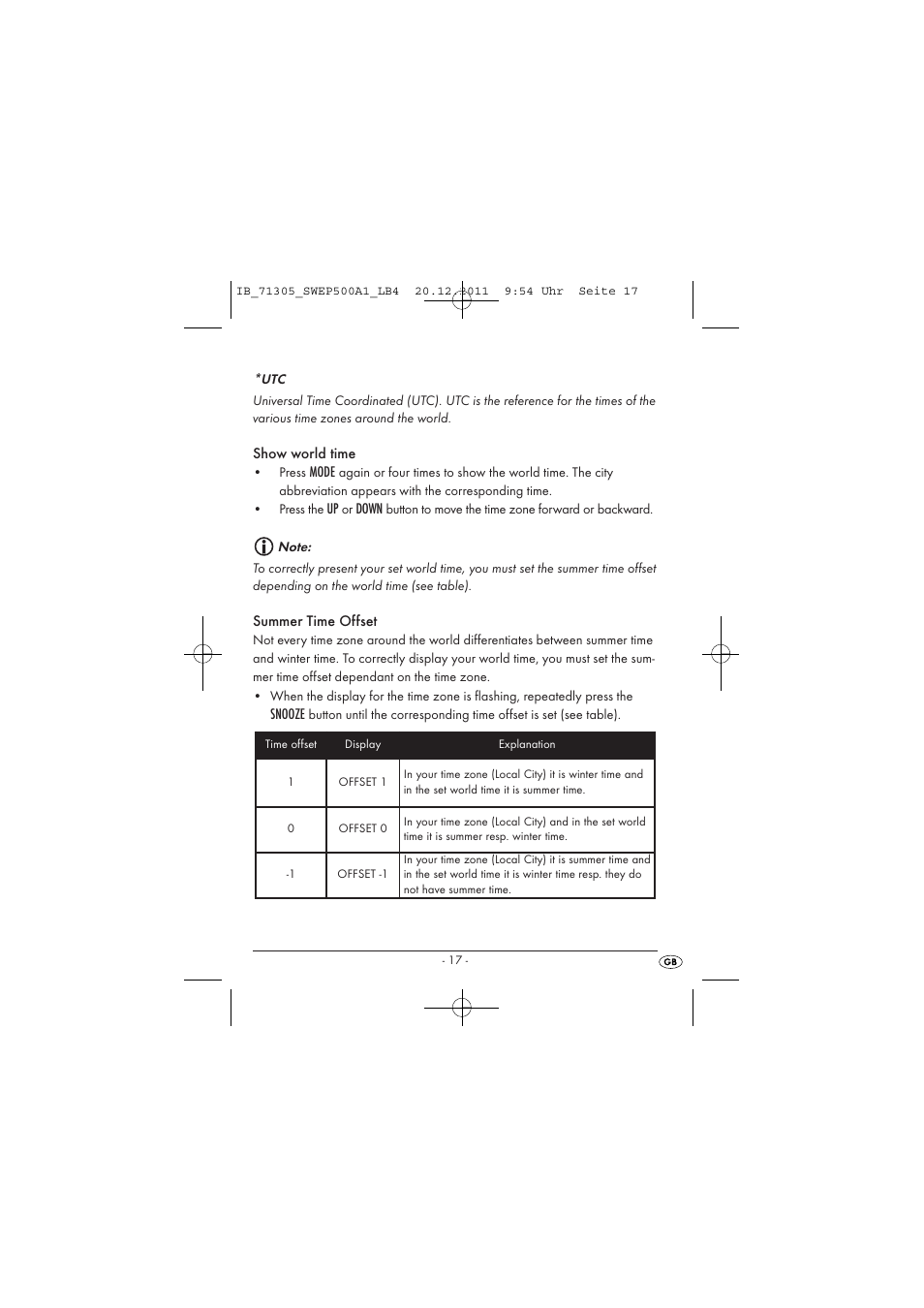 Show world time, Mode, Down | Summer time offset, Snooze | Silvercrest SWEP 500 A1 User Manual | Page 19 / 226