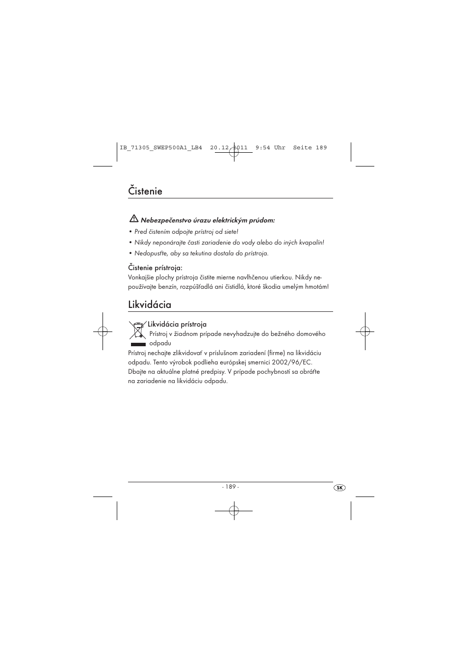 Čistenie, Likvidácia | Silvercrest SWEP 500 A1 User Manual | Page 191 / 226