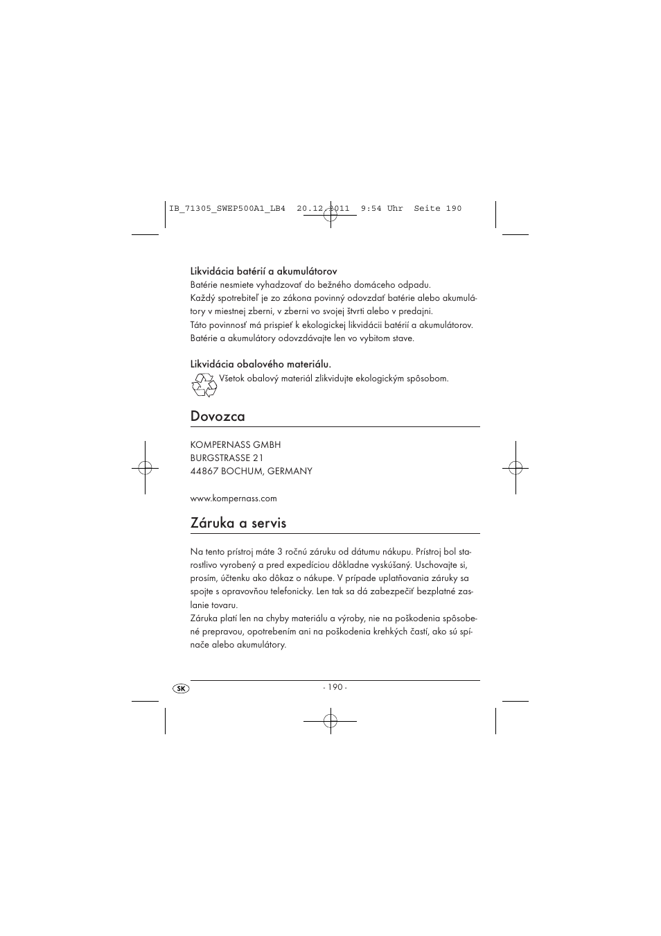 Dovozca, Záruka a servis | Silvercrest SWEP 500 A1 User Manual | Page 192 / 226