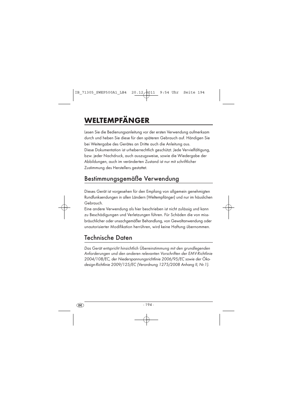 Weltempfänger, Bestimmungsgemäße verwendung, Technische daten | Silvercrest SWEP 500 A1 User Manual | Page 196 / 226