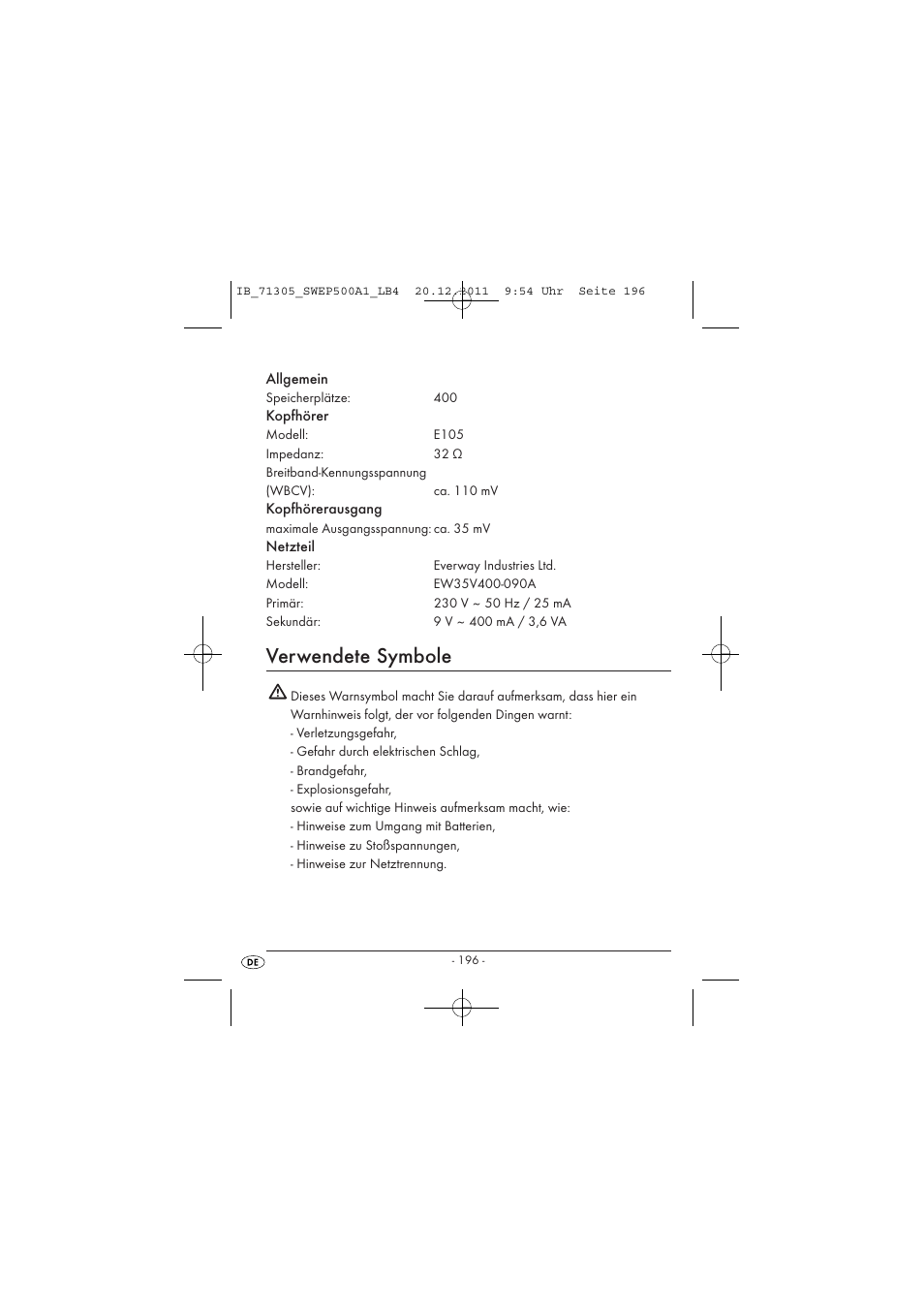 Verwendete symbole | Silvercrest SWEP 500 A1 User Manual | Page 198 / 226