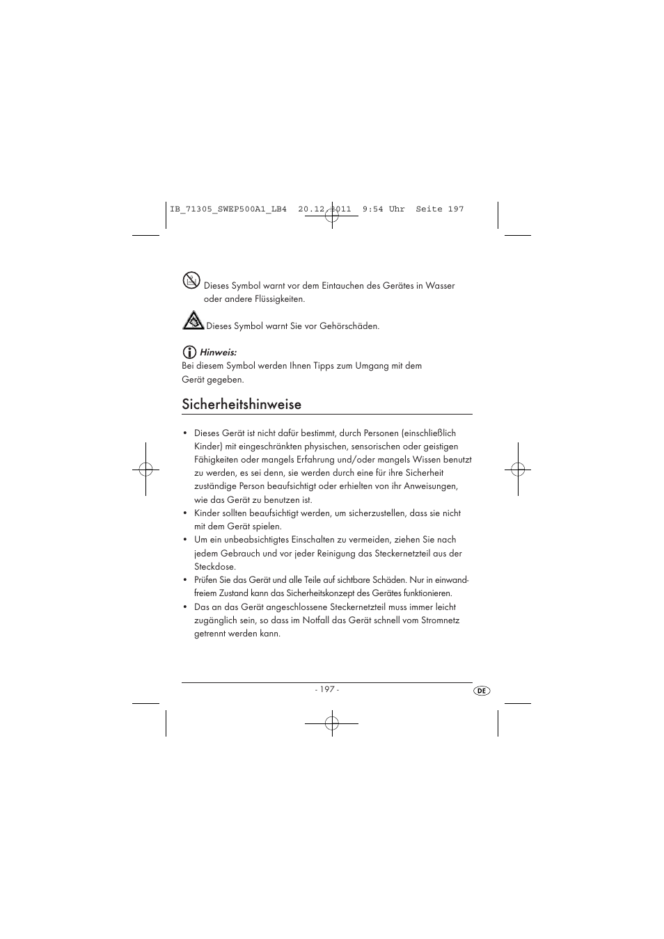 Sicherheitshinweise | Silvercrest SWEP 500 A1 User Manual | Page 199 / 226