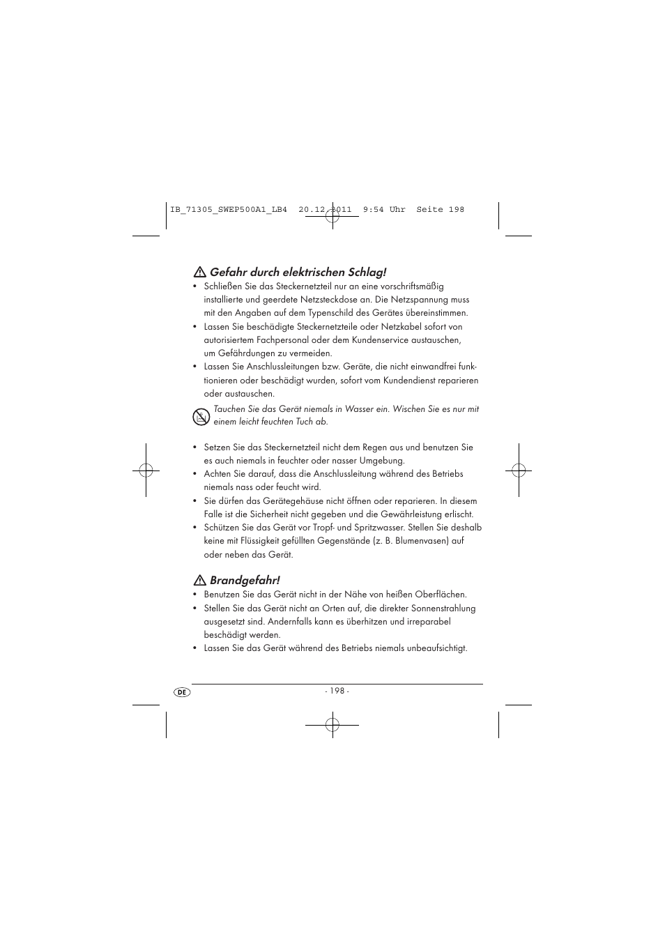 Gefahr durch elektrischen schlag, Brandgefahr | Silvercrest SWEP 500 A1 User Manual | Page 200 / 226