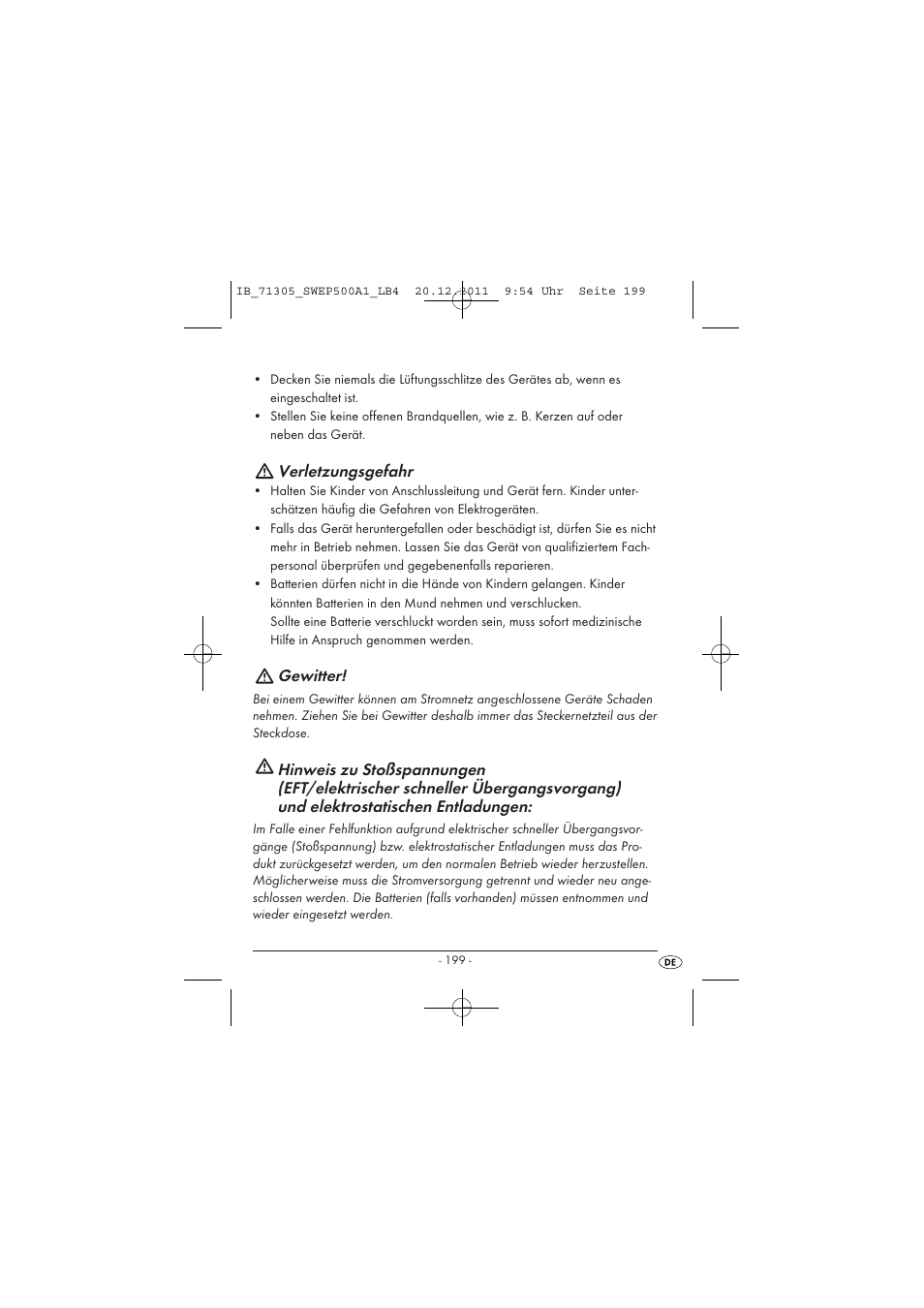 Verletzungsgefahr, Gewitter | Silvercrest SWEP 500 A1 User Manual | Page 201 / 226