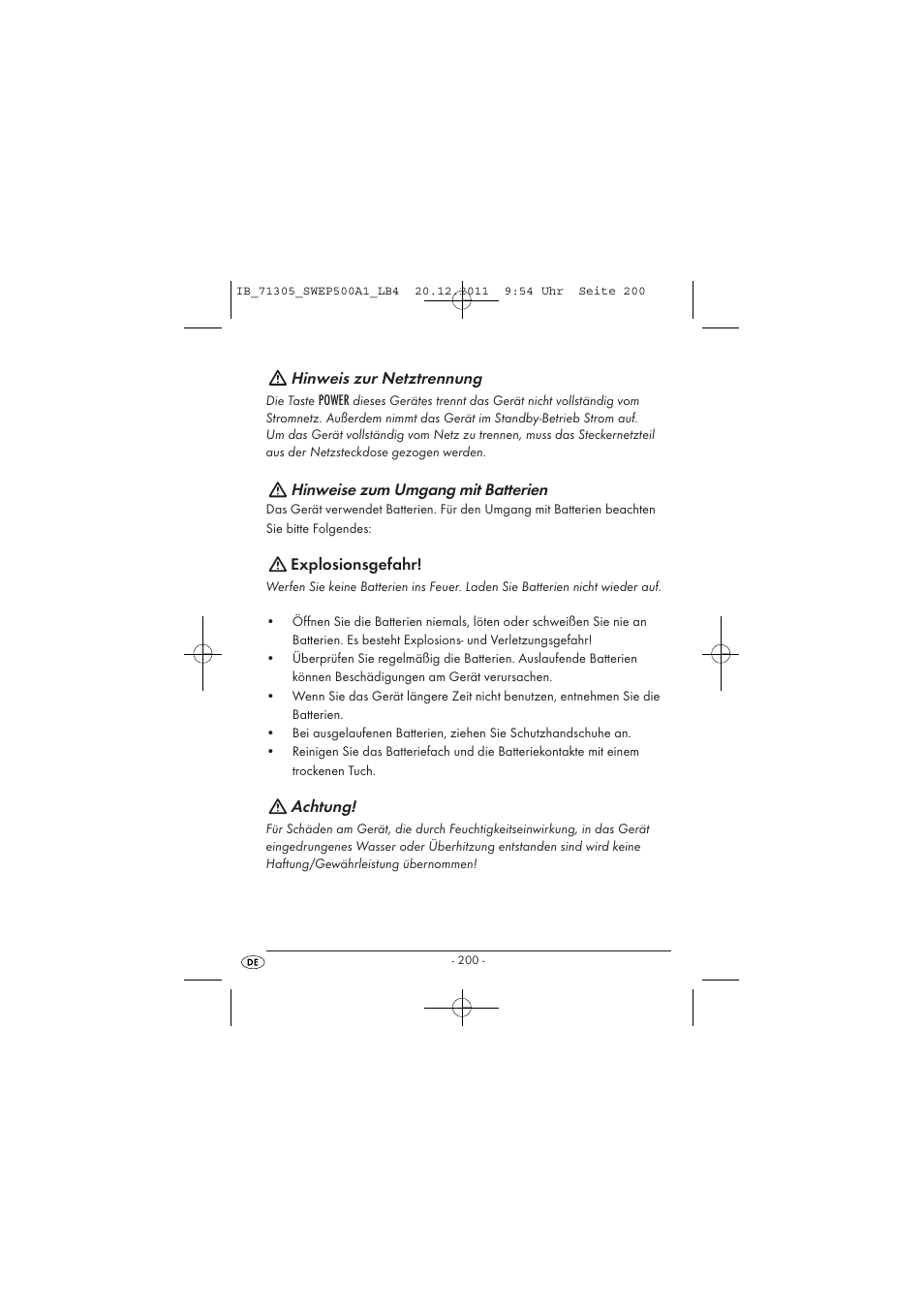 Hinweis zur netztrennung, Hinweise zum umgang mit batterien, Explosionsgefahr | Achtung | Silvercrest SWEP 500 A1 User Manual | Page 202 / 226
