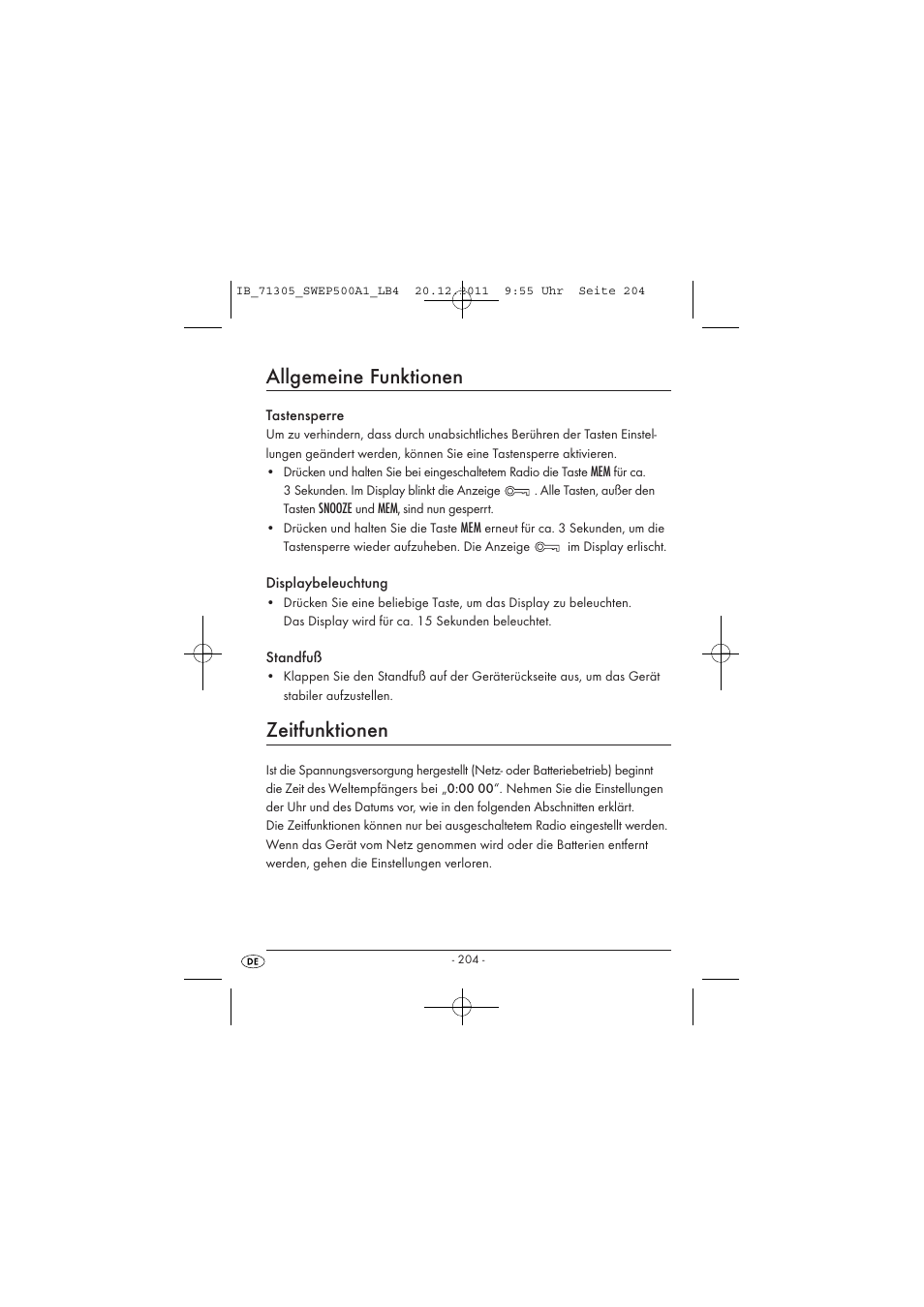 Allgemeine funktionen, Zeitfunktionen | Silvercrest SWEP 500 A1 User Manual | Page 206 / 226
