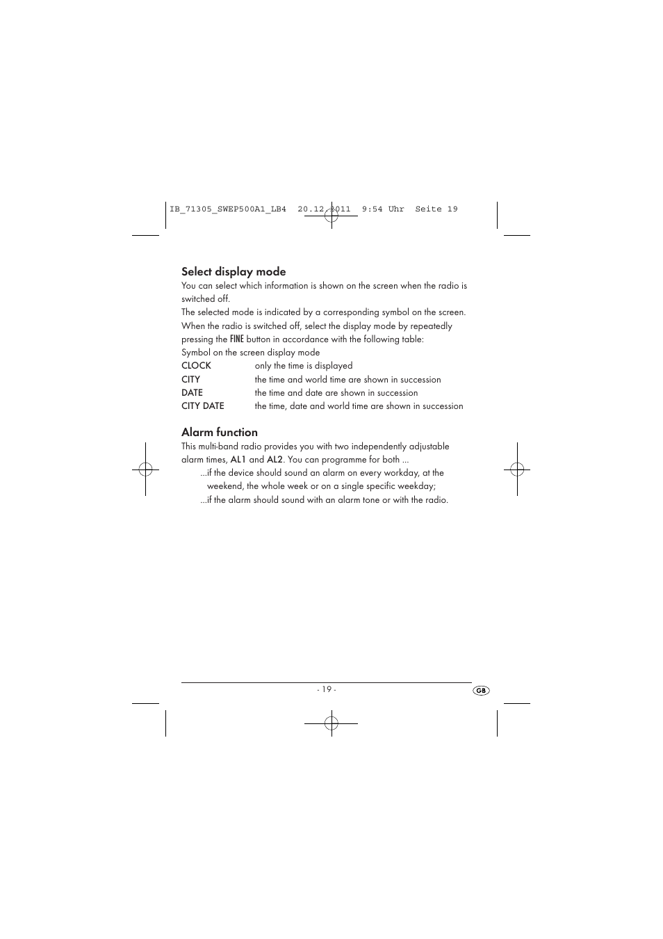 Select display mode, Alarm function | Silvercrest SWEP 500 A1 User Manual | Page 21 / 226