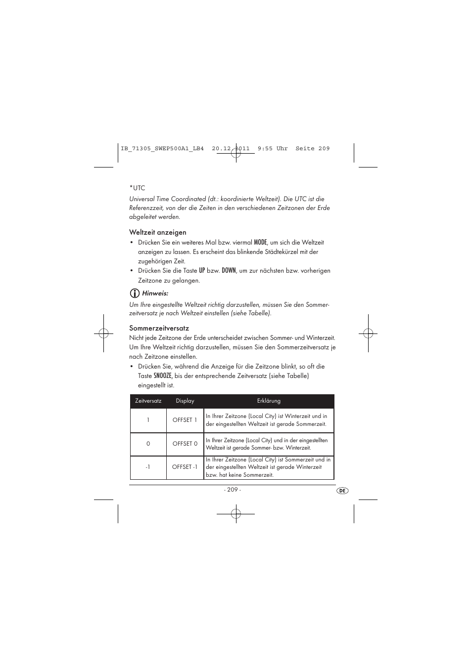 Weltzeit anzeigen, Mode, Down | Sommerzeitversatz, Snooze | Silvercrest SWEP 500 A1 User Manual | Page 211 / 226