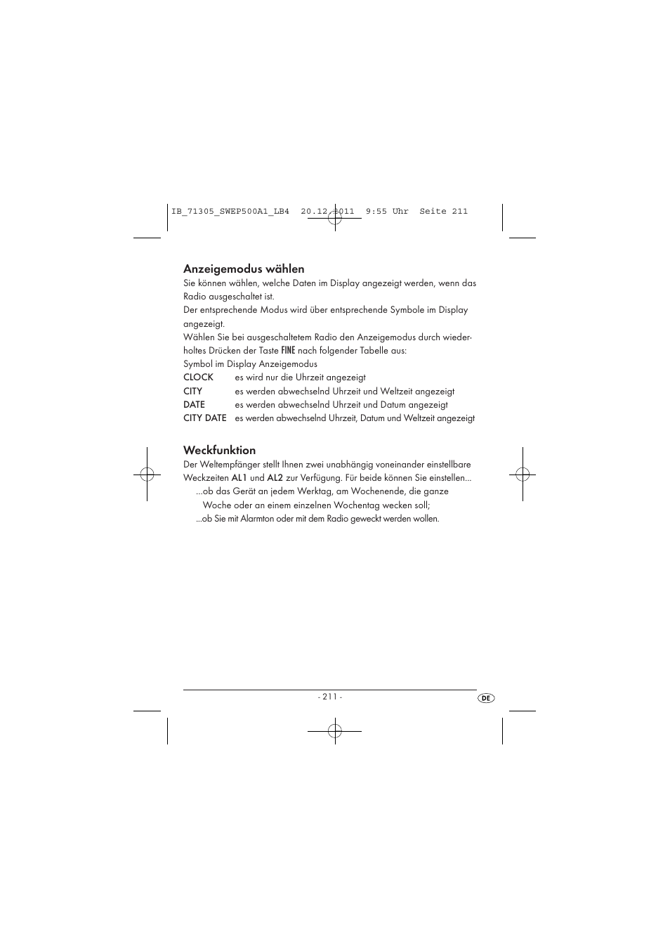 Anzeigemodus wählen, Weckfunktion | Silvercrest SWEP 500 A1 User Manual | Page 213 / 226