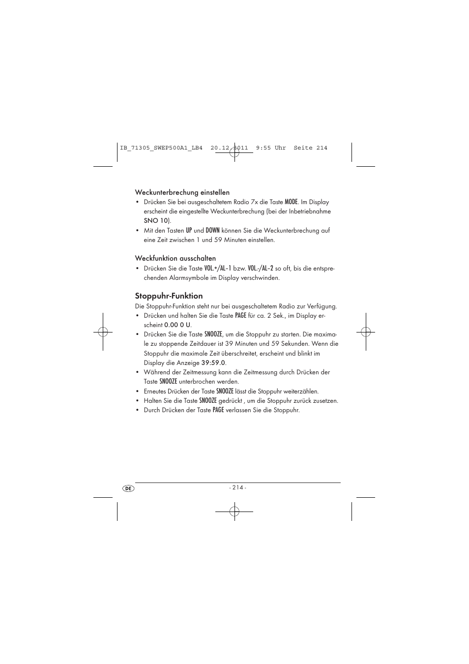 Stoppuhr-funktion | Silvercrest SWEP 500 A1 User Manual | Page 216 / 226