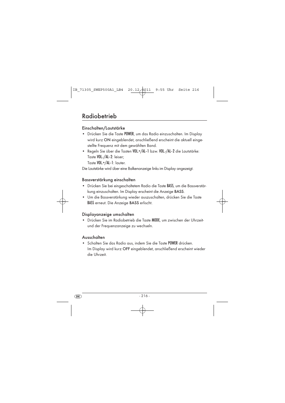 Radiobetrieb | Silvercrest SWEP 500 A1 User Manual | Page 218 / 226