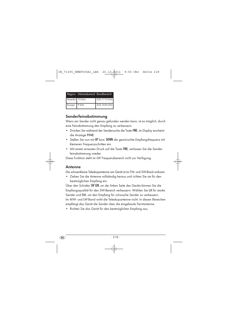 Senderfeinabstimmung, Antenne | Silvercrest SWEP 500 A1 User Manual | Page 220 / 226