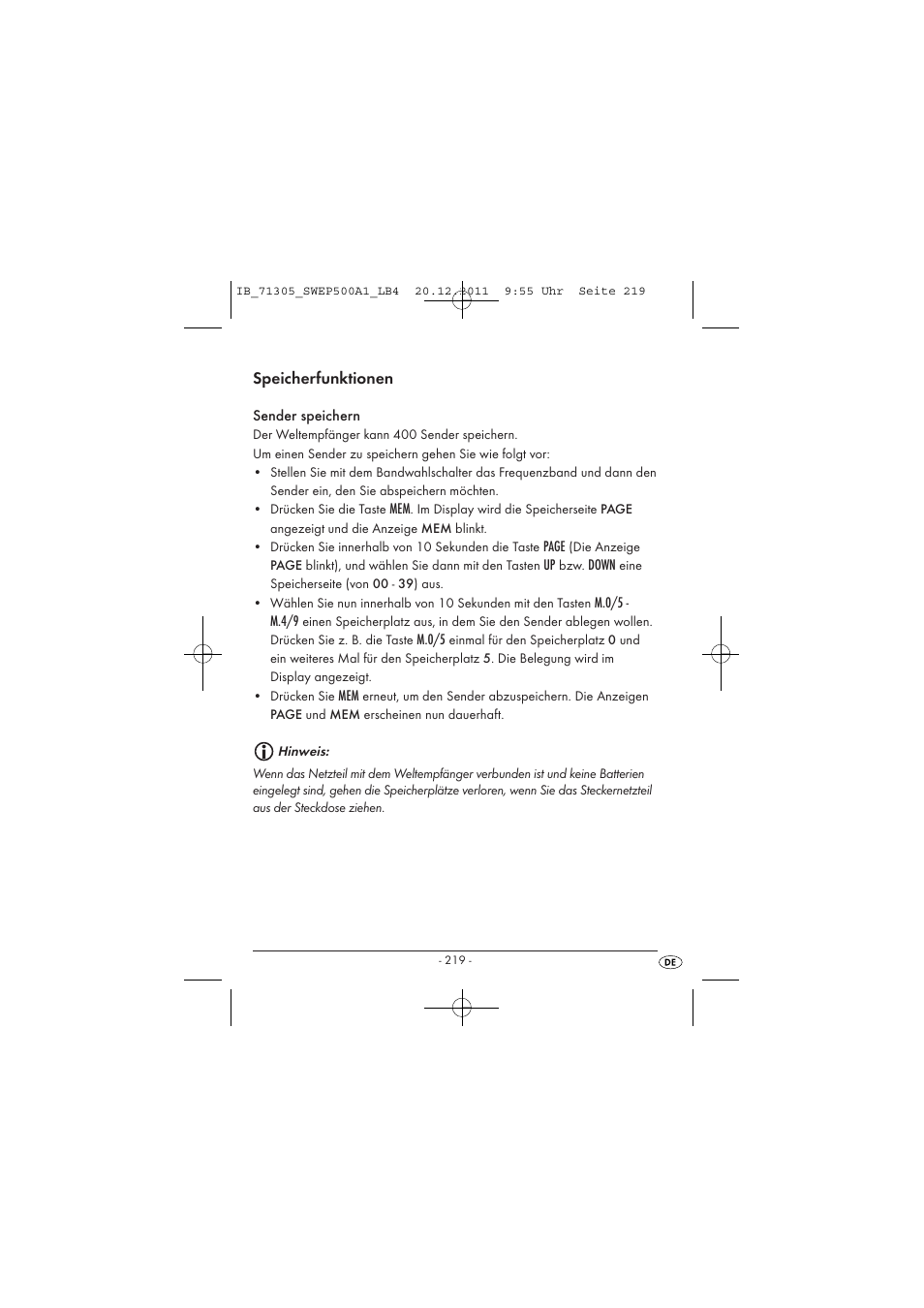 Speicherfunktionen | Silvercrest SWEP 500 A1 User Manual | Page 221 / 226