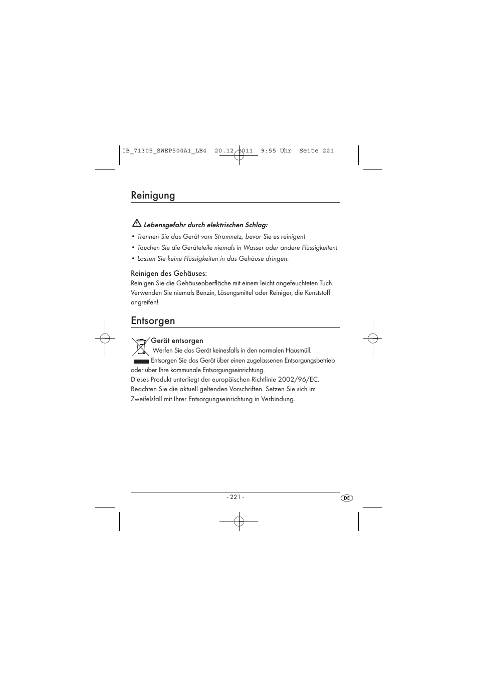 Reinigung, Entsorgen | Silvercrest SWEP 500 A1 User Manual | Page 223 / 226
