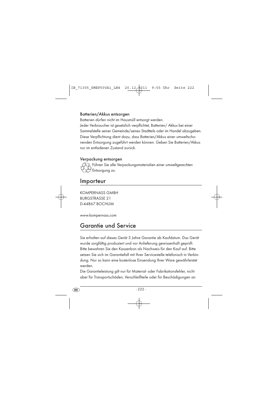 Importeur, Garantie und service | Silvercrest SWEP 500 A1 User Manual | Page 224 / 226