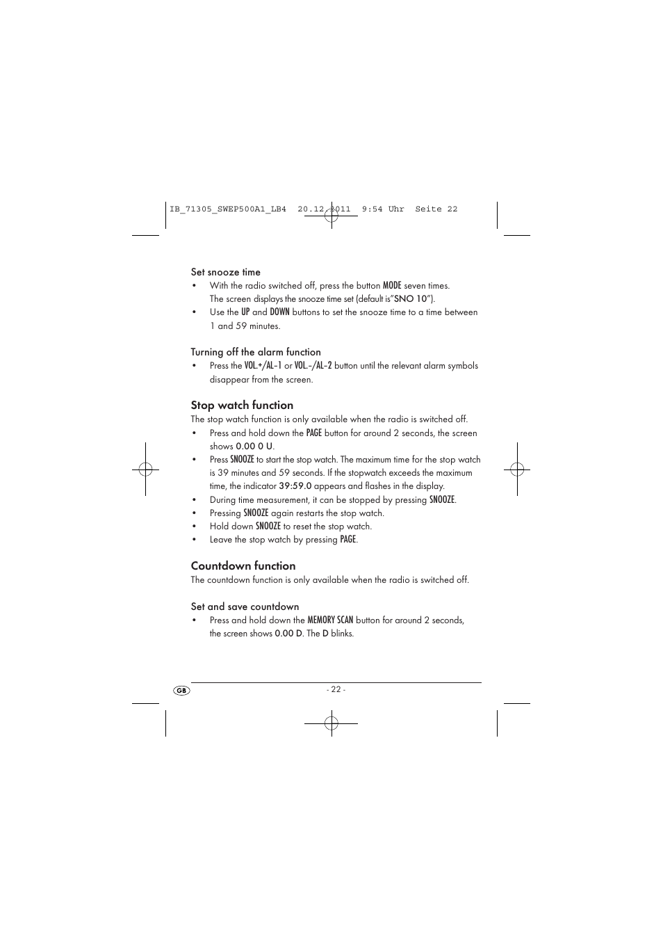 Stop watch function, Countdown function | Silvercrest SWEP 500 A1 User Manual | Page 24 / 226