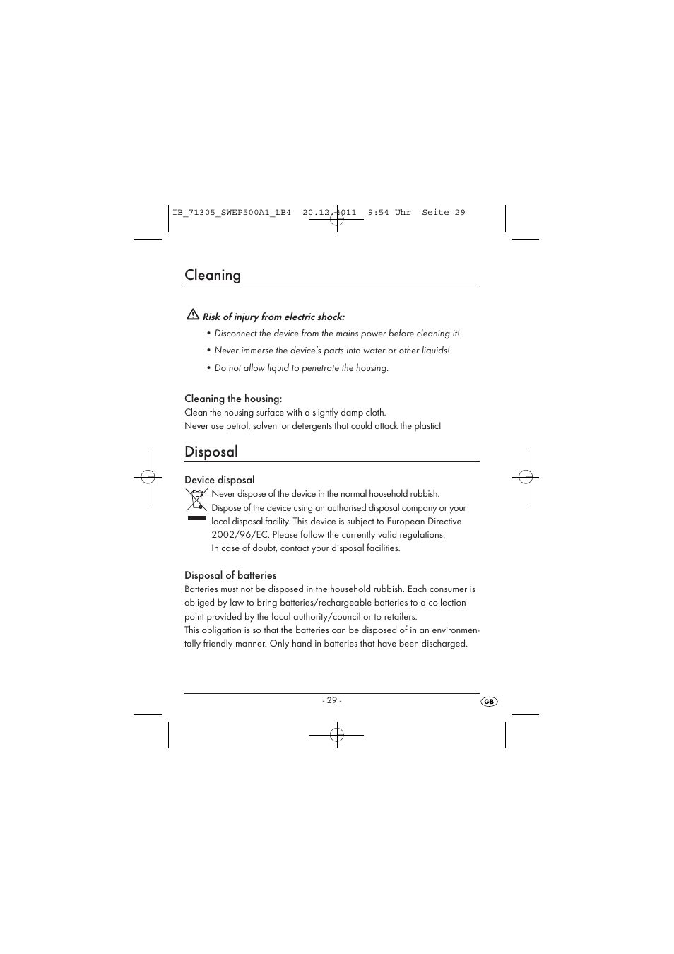 Cleaning, Disposal | Silvercrest SWEP 500 A1 User Manual | Page 31 / 226