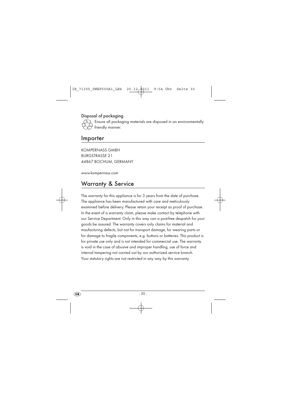 Importer, Warranty & service | Silvercrest SWEP 500 A1 User Manual | Page 32 / 226