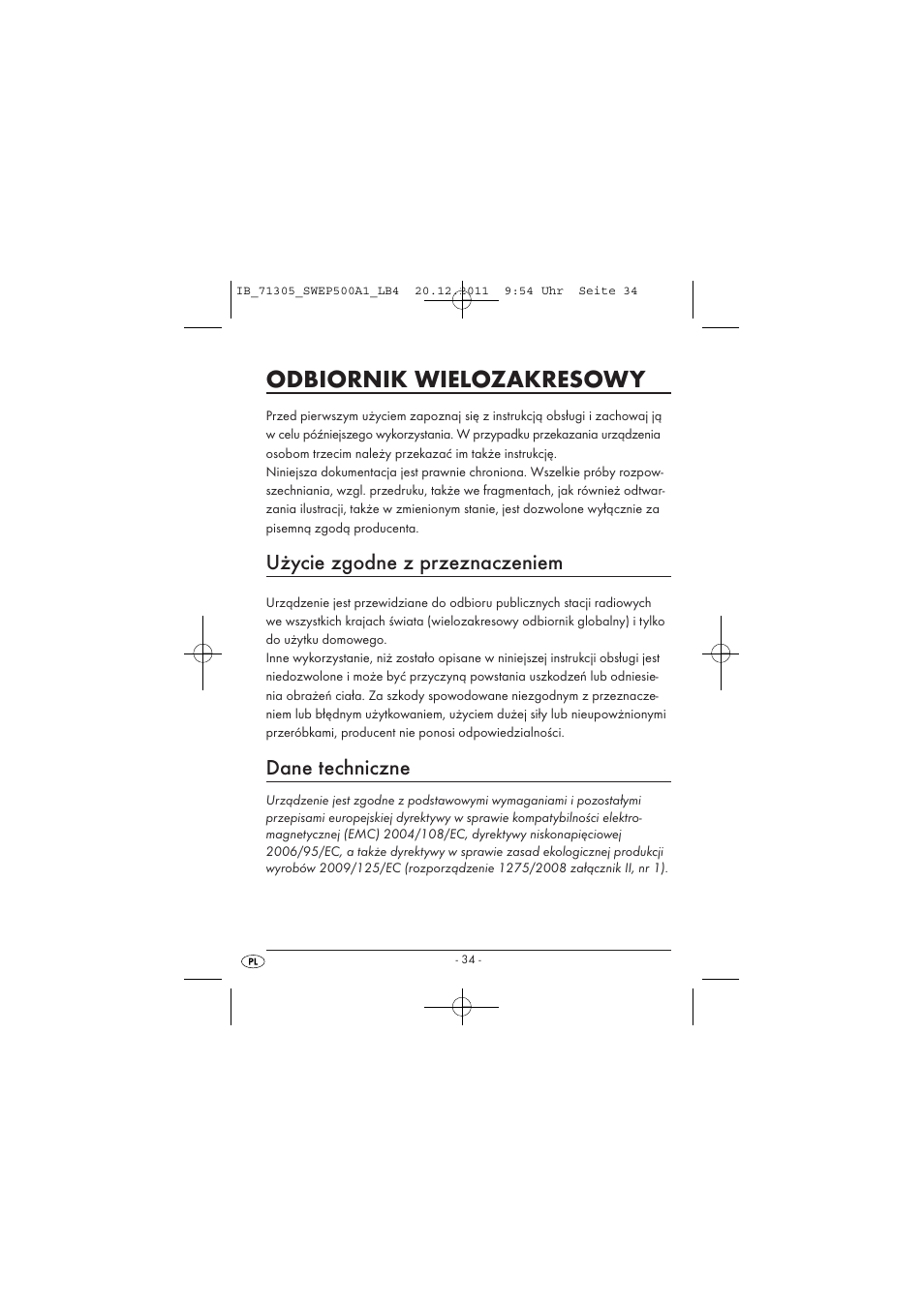 Odbiornik wielozakresowy, Użycie zgodne z przeznaczeniem, Dane techniczne | Silvercrest SWEP 500 A1 User Manual | Page 36 / 226
