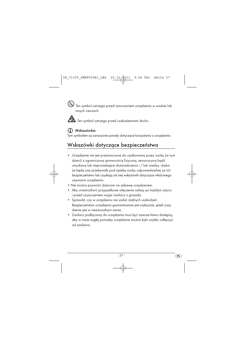 Wskazówki dotyczące bezpieczeństwa | Silvercrest SWEP 500 A1 User Manual | Page 39 / 226