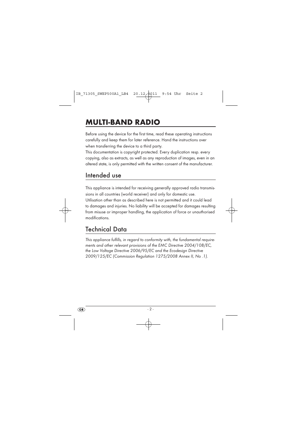 Multi-band radio, Intended use, Technical data | Silvercrest SWEP 500 A1 User Manual | Page 4 / 226