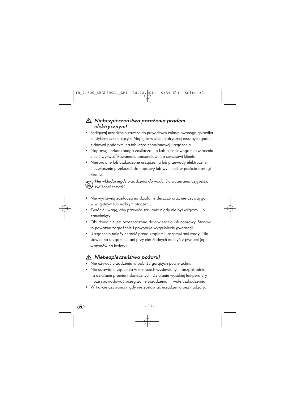 Niebezpieczeństwo porażenia prądem elektrycznym, Niebezpieczeństwo pożaru | Silvercrest SWEP 500 A1 User Manual | Page 40 / 226
