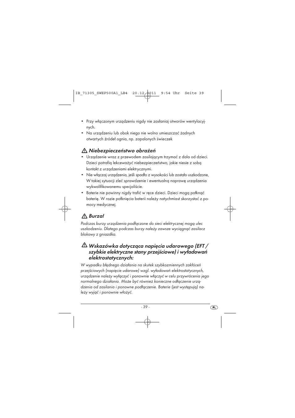 Niebezpieczeństwo obrażeń, Burza | Silvercrest SWEP 500 A1 User Manual | Page 41 / 226