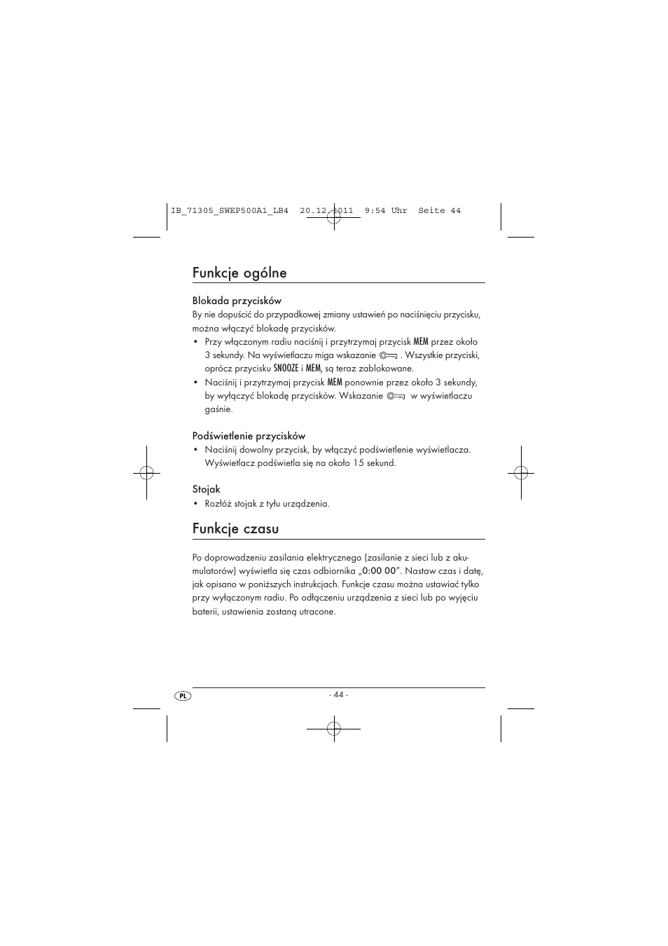 Funkcje ogólne, Funkcje czasu | Silvercrest SWEP 500 A1 User Manual | Page 46 / 226