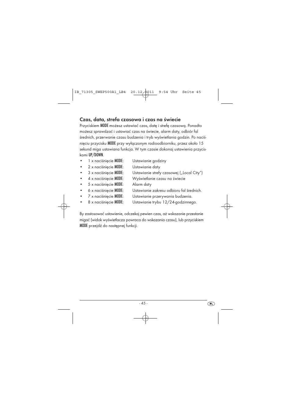 Czas, data, strefa czasowa i czas na świecie | Silvercrest SWEP 500 A1 User Manual | Page 47 / 226