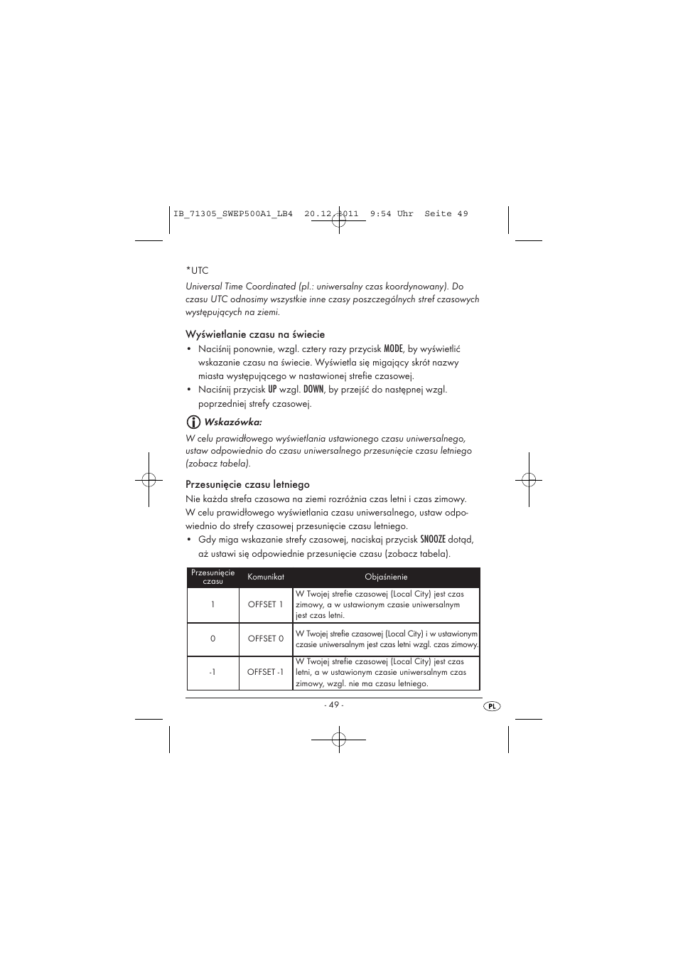 Wyświetlanie czasu na świecie, Mode, Down | Przesunięcie czasu letniego, Snooze | Silvercrest SWEP 500 A1 User Manual | Page 51 / 226