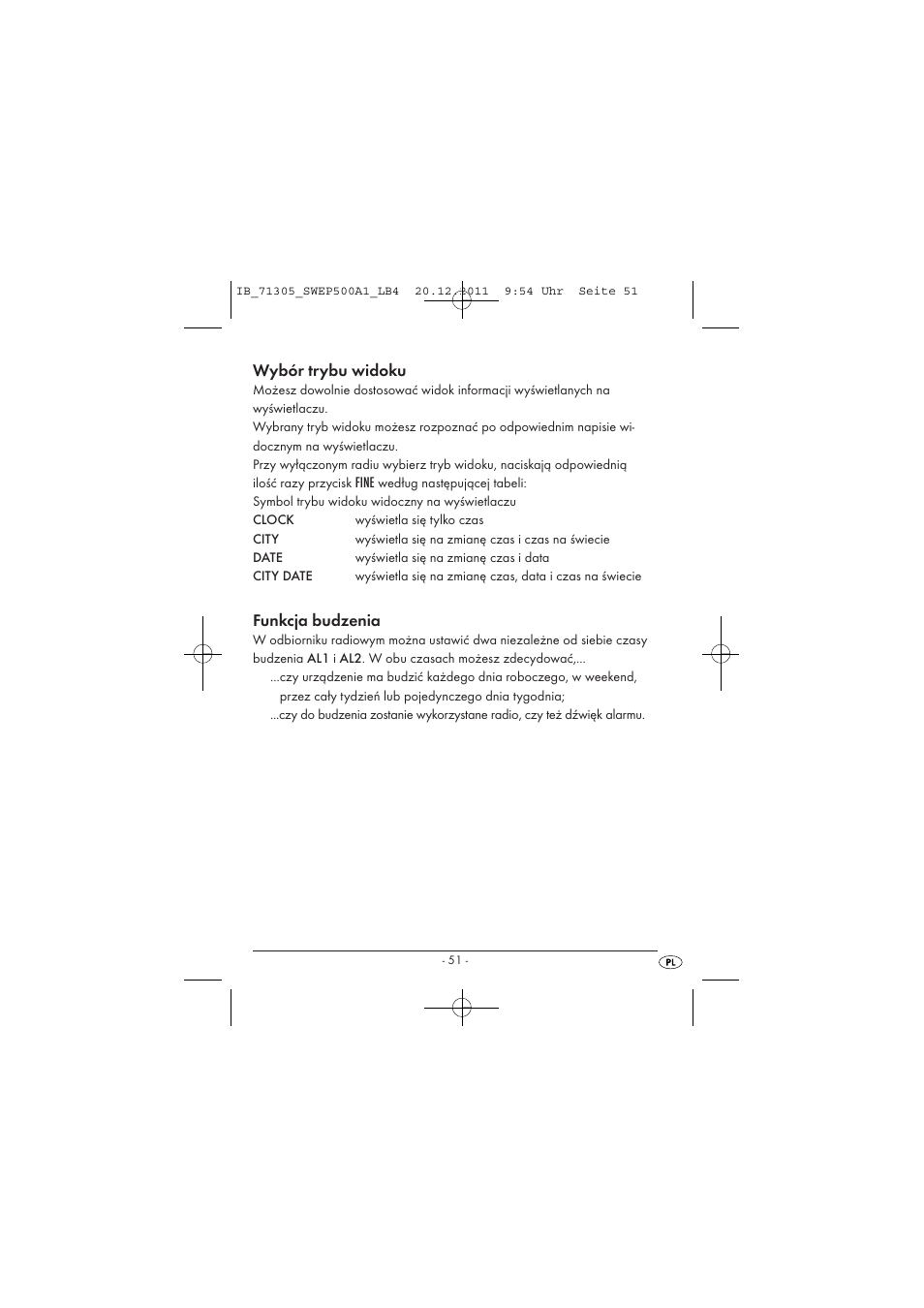 Wybór trybu widoku, Funkcja budzenia | Silvercrest SWEP 500 A1 User Manual | Page 53 / 226